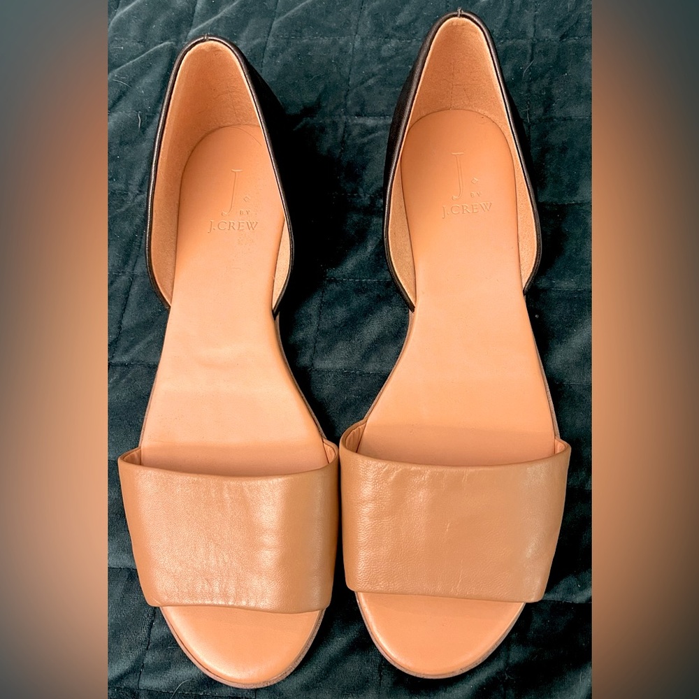 Black and tan open-toed leather J. Crew flats, only worn once